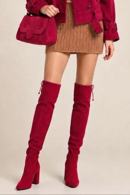 Women's cherry red custom-made thigh-high boots with round toe and high block heel - Worn view